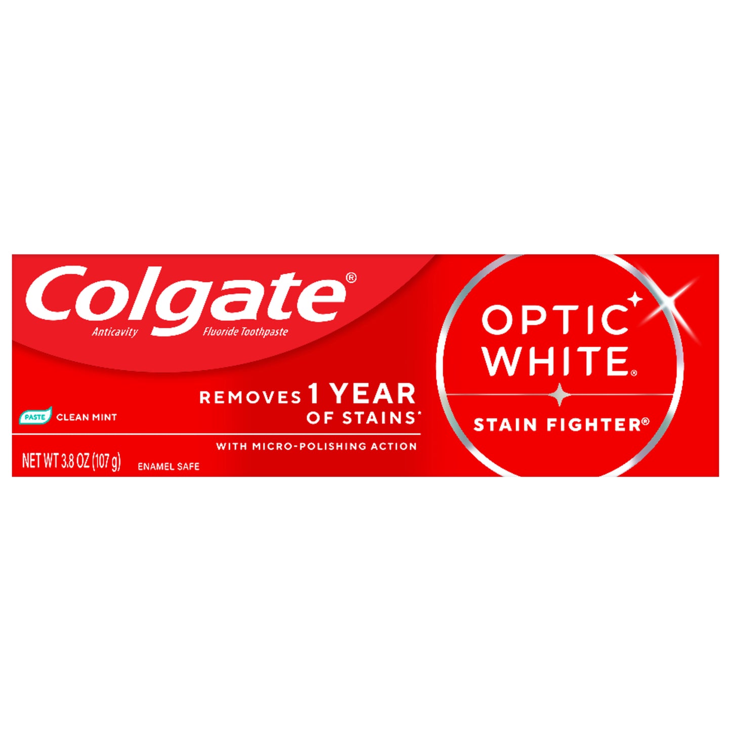 Colgate Optic White Stain Fighter Clean Mint Paste Teeth Whitening Toothpaste, Anticavity Toothpaste with Fluoride, 3.8 OZ