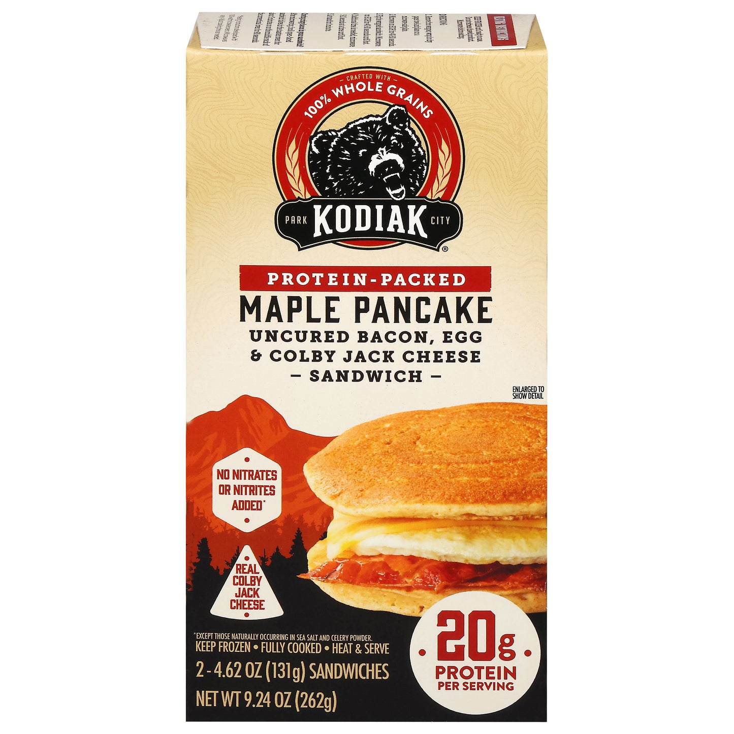Kodiak Protein-Packed Maple Pancake Uncured Bacon, Egg & Colby Jack Cheese Sandwich 2 - 4.62 oz Sandwiches