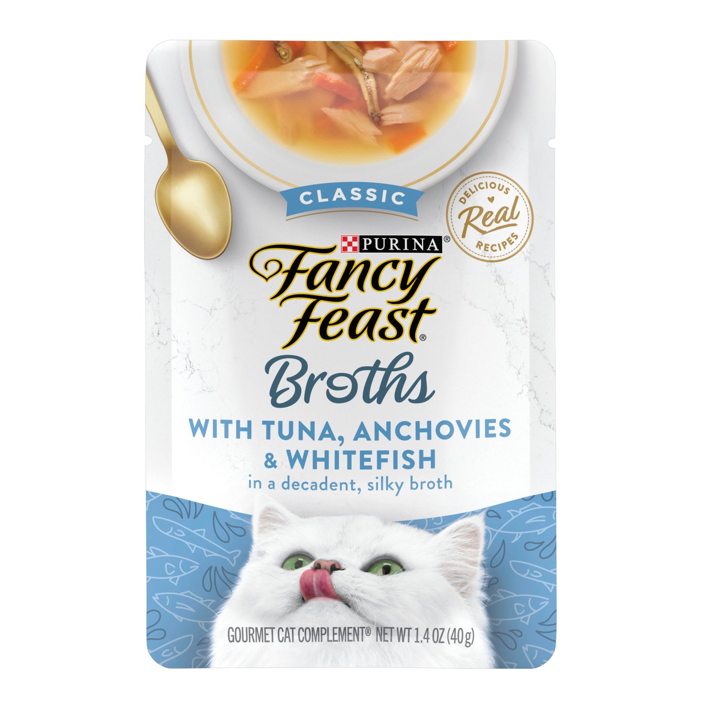 Purina Fancy Feast Lickable Wet Cat Food Broth Topper Classic With Tuna, Anchovies and Whitefish - 1.4 oz. Pouch