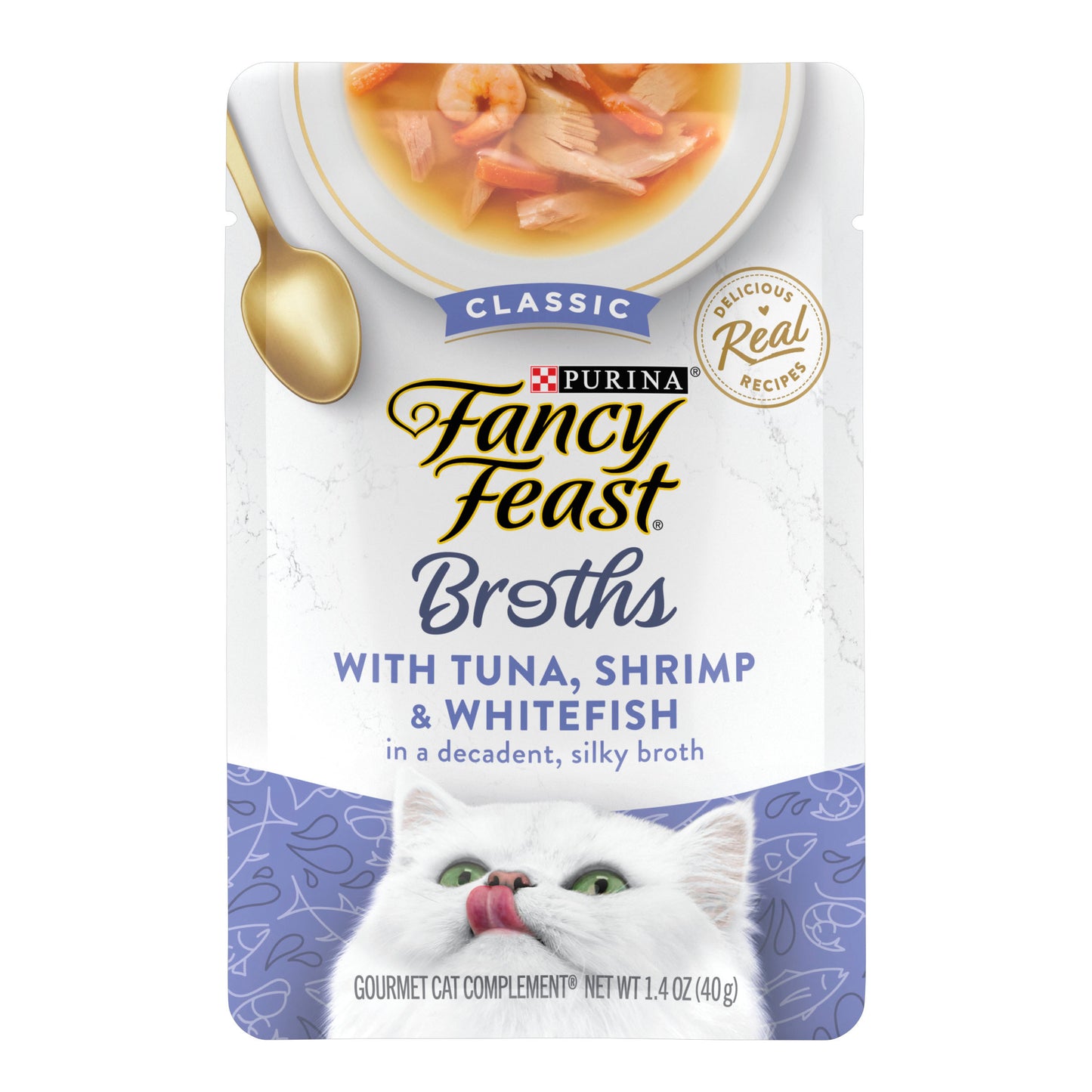 Purina Fancy Feast Limited Ingredient Wet Cat Food Complement, Broths With Tuna, Shrimp & Whitefish - 1.4 oz. Pouch