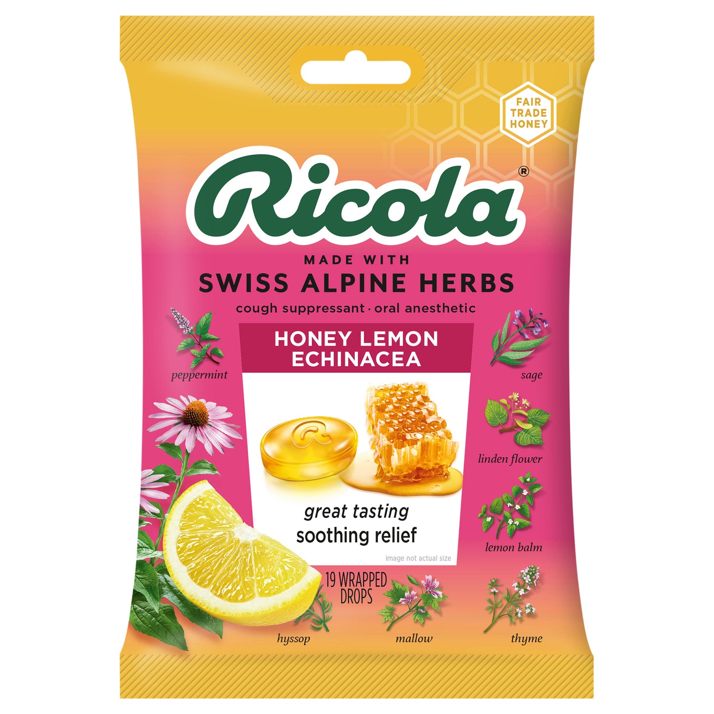 Ricola Honey Lemon with Echinacea Cough Drops - Throat Relief & Cough Suppressant, 19 Count