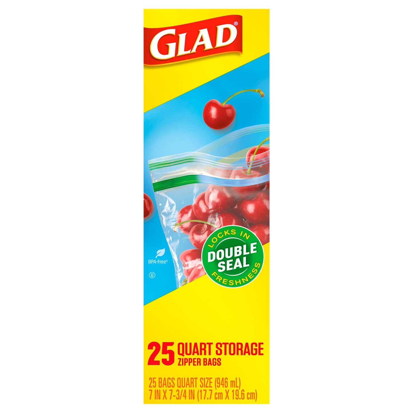 Glad Zipper Food Storage Plastic Bags, Quart, 25 Count