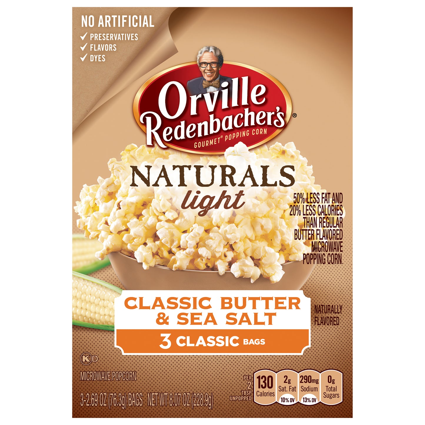 Orville Redenbacher's Naturals Light Classic Butter & Sea Salt Microwave Popcorn, 2.69 Ounce Classic Bag, 3-Count