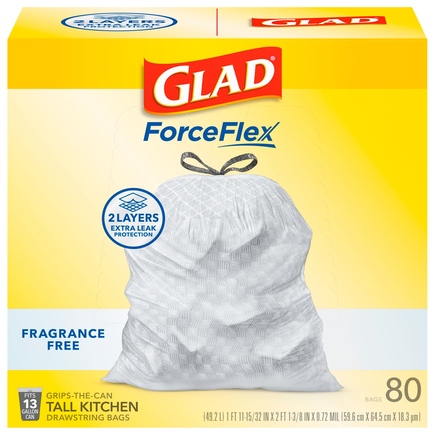 Glad ForceFlex 13 Gallon Kitchen Drawstring Fragrance Free Bags Tall 80 ea