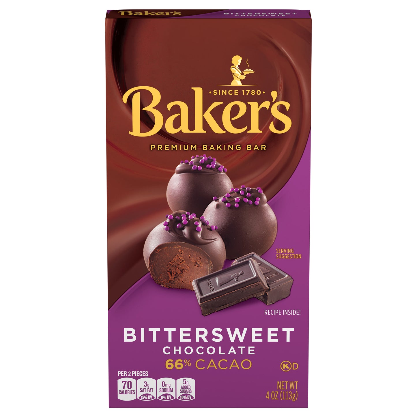 Baker's Bittersweet Chocolate Premium Baking Bar with 66% Cacao, 4 oz Box