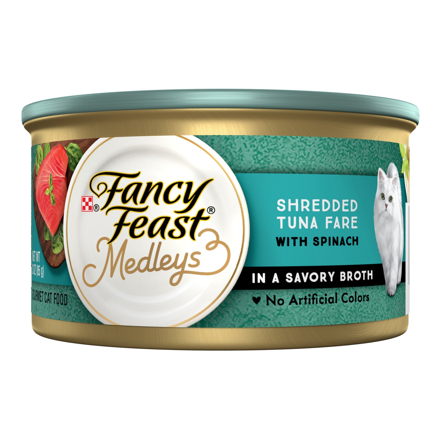 Purina Fancy Feast Cat Food Medleys Shredded Tuna Fare Wet Cat Food Recipe with Spinach in a Cat Food Broth - 3 oz. Can