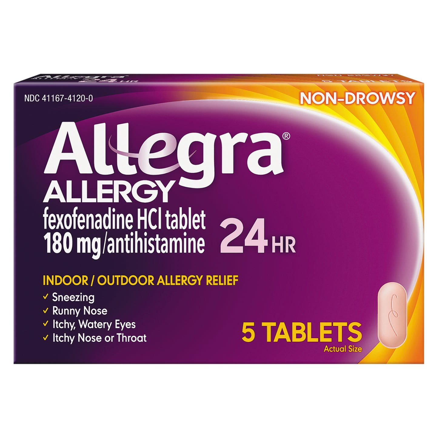 Allegra Non-Drowsy Indoor/Outdoor 180 mg Allergy Relief 5 Tablets