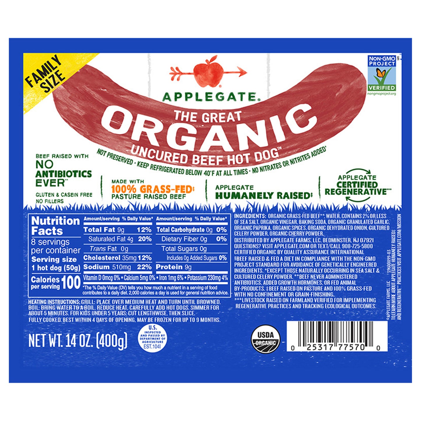 Applegate The Great Organic Uncured Beef Hot Dog, 14oz