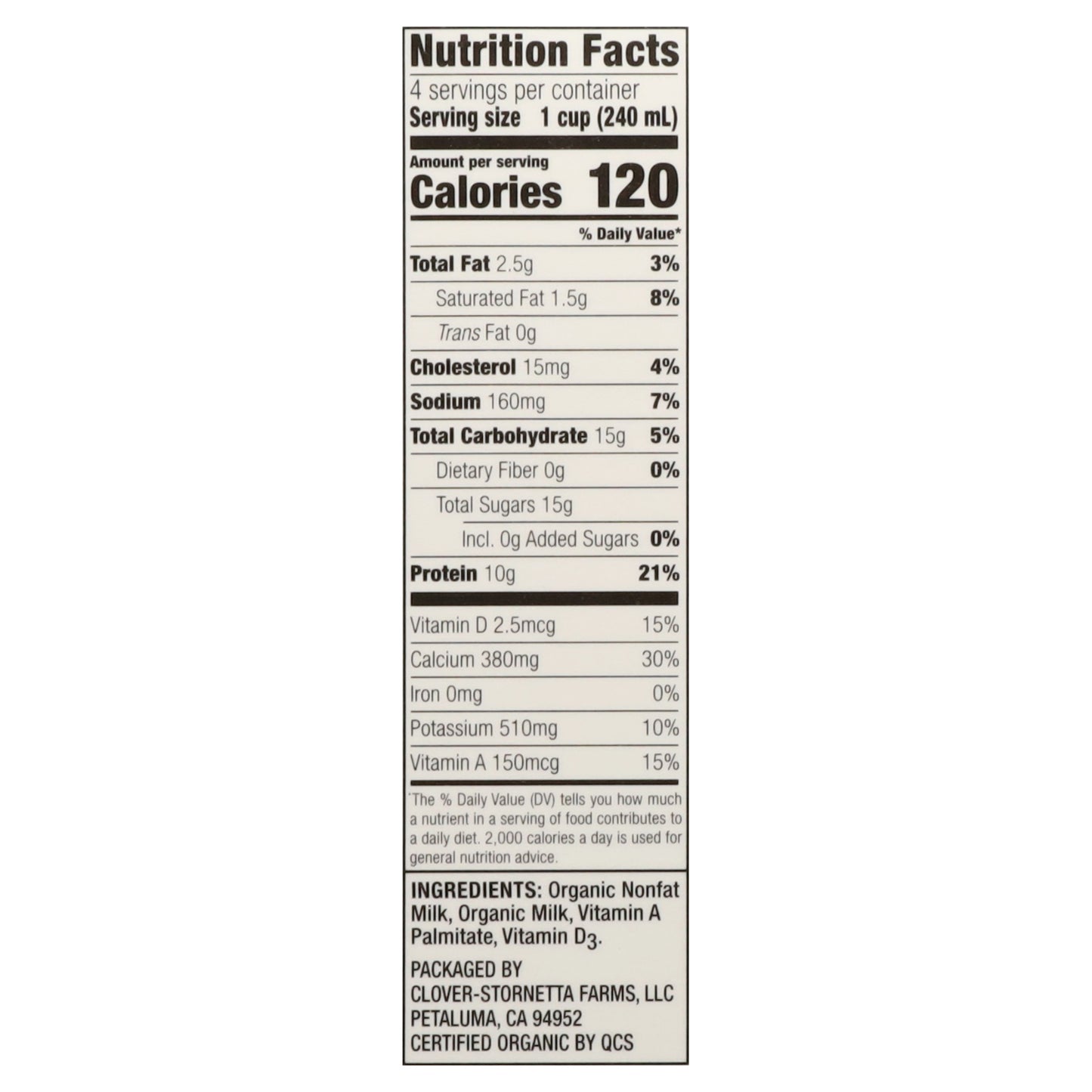Clover Sonoma Pasture Raised Organic 1% Low Fat Milk 1 qt