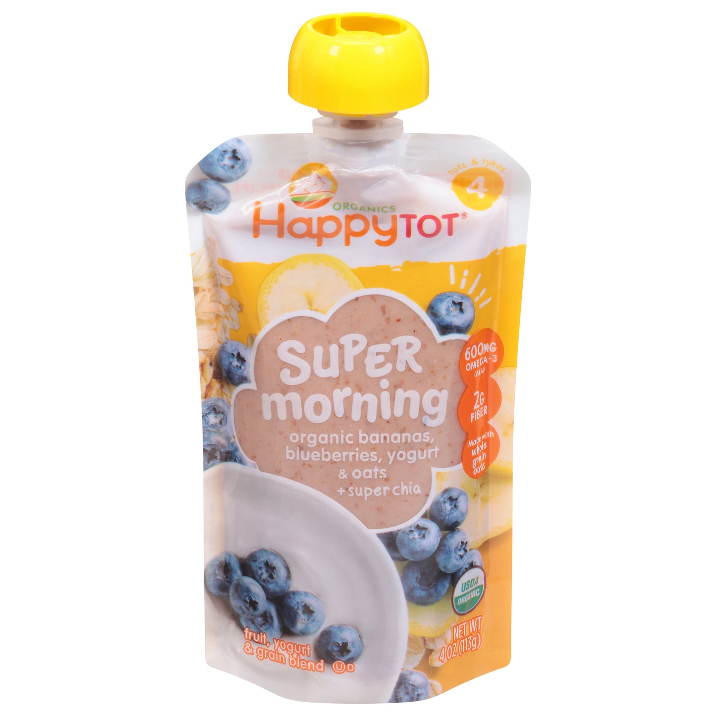 HappyTot Organics Super Morning 4 (Tots & Tykes) Organic Bananas, Blueberries, Yogurt & Oats Fruit, Yogurt & Grain Blend 4 oz