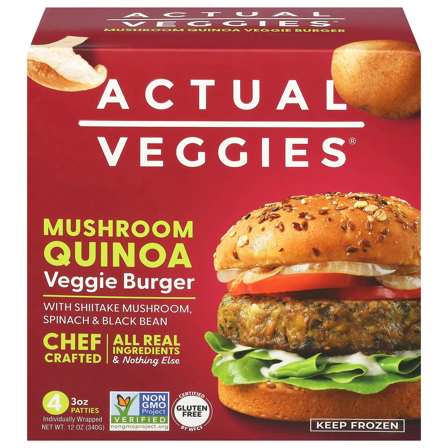 Actual Veggies Mushroom Quinoa Veggie Burger with Shiitake Mushroom, Spinach & Black Bean 4 - 3 oz Patties