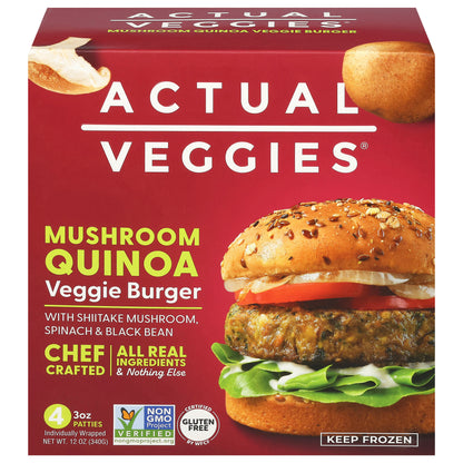 Actual Veggies Mushroom Quinoa Veggie Burger with Shiitake Mushroom, Spinach & Black Bean 4 - 3 oz Patties