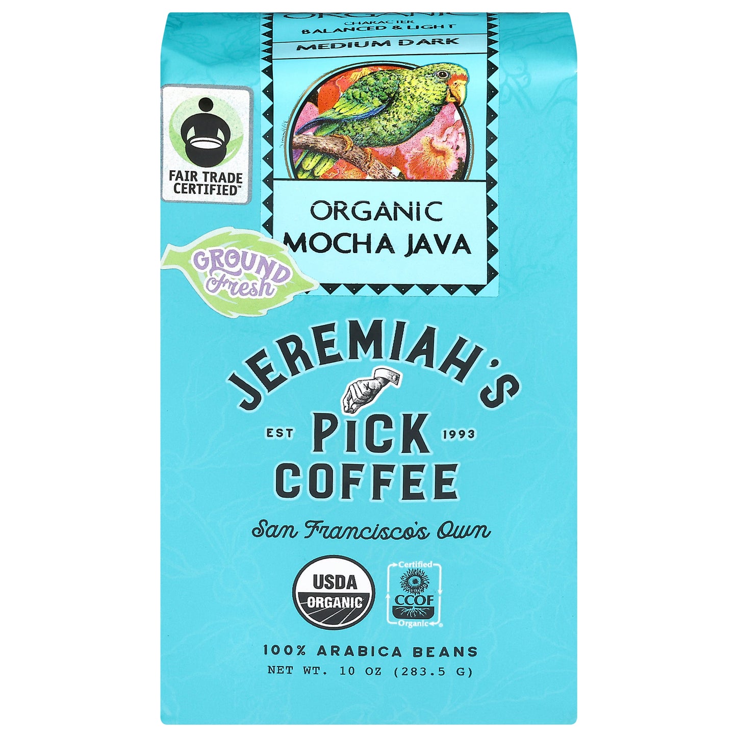 Jeremiah's Pick Coffee Organic Ground Medium Dark Mocha Java Coffee 10 oz