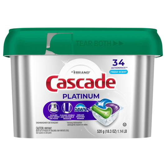 Cascade Platinum Dishwasher Pods, Dishwasher Detergent, Dish Detergent Soap, Fresh, 34 Count