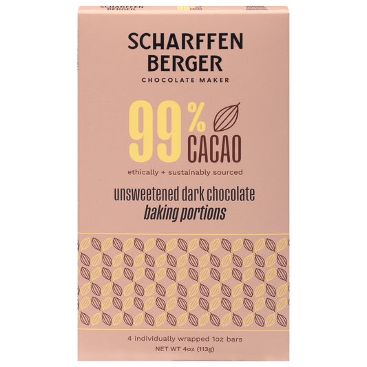 Scharffen Berger 99% Cacao Unsweetened Dark Chocolate 4 - 1 oz Bars