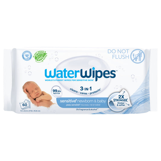 WaterWipes Sensitive+ Newborn & Baby Wipes, 3-In-1 Cleans, Cares, Protects, 99.9% Water, Unscented & Hypoallergenic, 60 Count (1 Pack)