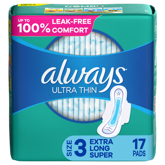 Always Ultra Thin Daytime Pads with Wings, Size 3, Extra Long Super, Unscented, 17 CT