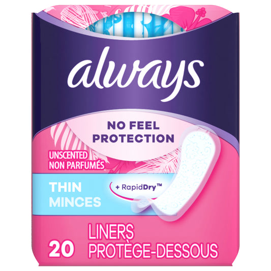 Always Thin No Feel Protection Daily Liners, Regular Absorbency, Unscented, 20 Count
