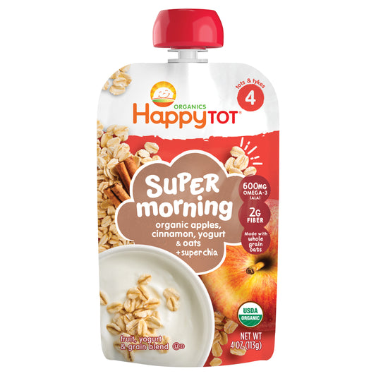 Happy Tot Organics Super Morning Stage 4 Organic Apples, Cinnamon, Yogurt & Oats + Super Chia Pouch 4 Oz UNIT