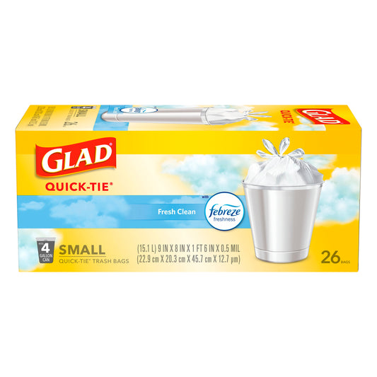 Glad 4 Gallon Small Quick-Tie Fresh Clean Trash Bags 26 ea