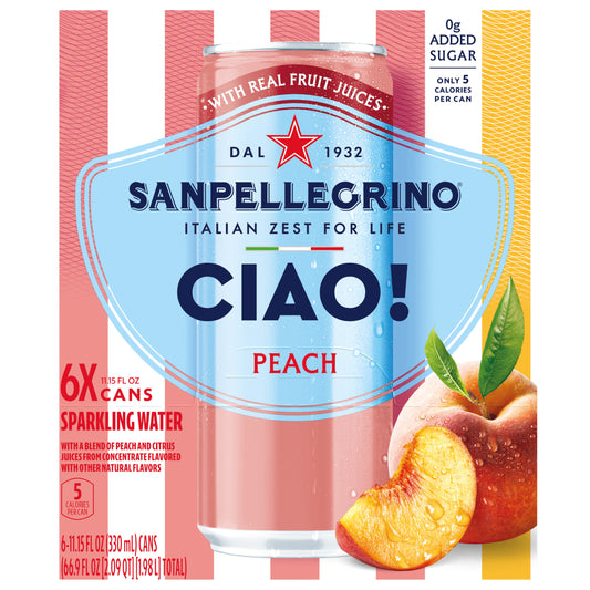 Sanpellegrino CIAO! Peach Sparkling Water, Low-Cal, 0g Added Sugar, 6-Pack