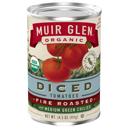 Muir Glen Organic Diced Fire Roasted Canned Tomatoes, with Medium Green Chilies, 14.5 oz.