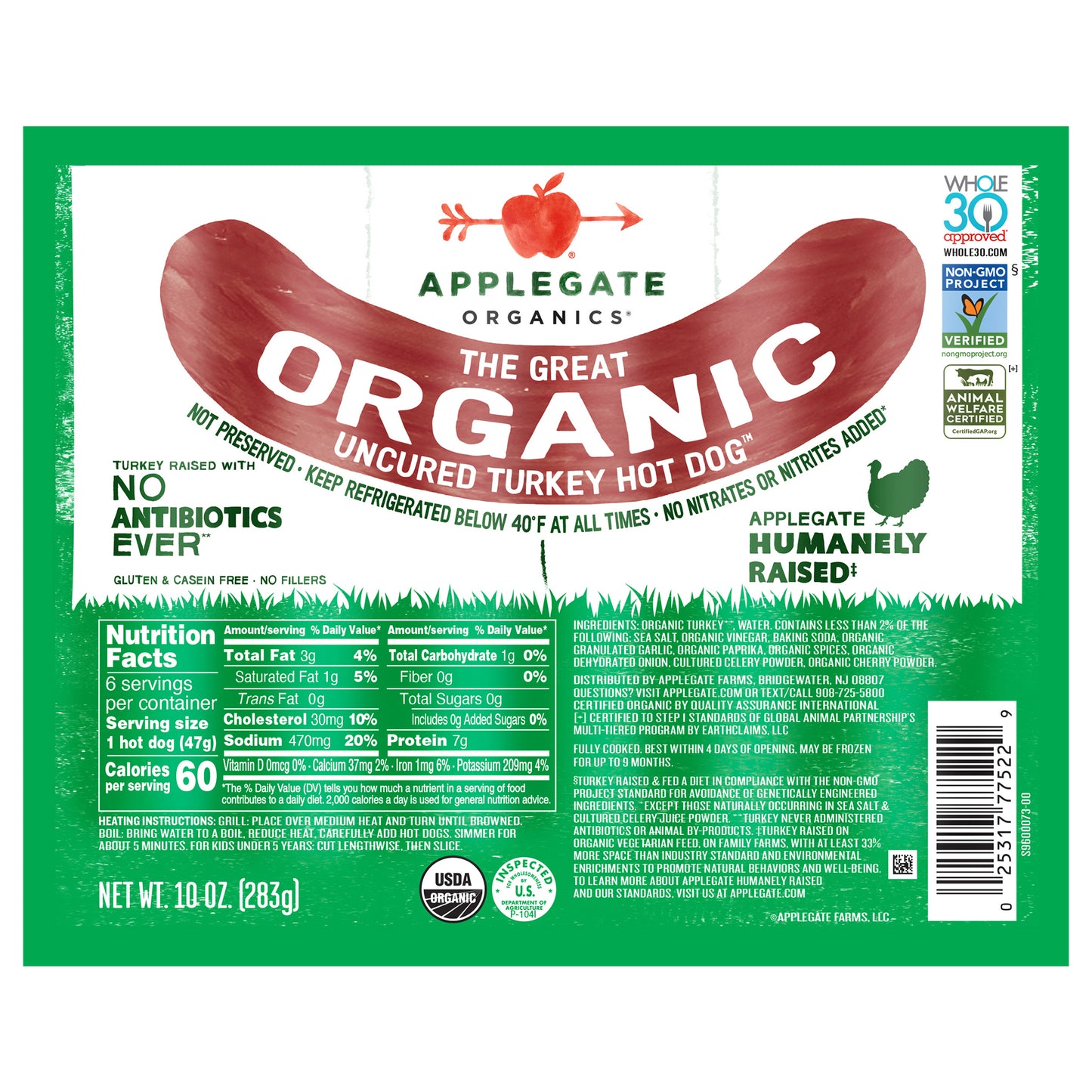 Applegate The Great Organic Uncured Turkey Hot Dog, 10oz