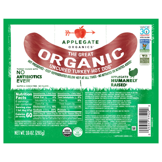 Applegate The Great Organic Uncured Turkey Hot Dog, 10oz