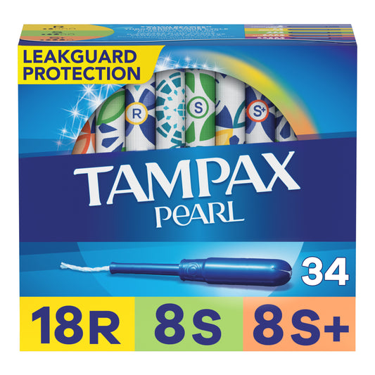 Tampax Pearl Tampons Trio Pack, with LeakGuard Braid, Regular/Super/Super Plus Absorbency, Unscented, 34 Count