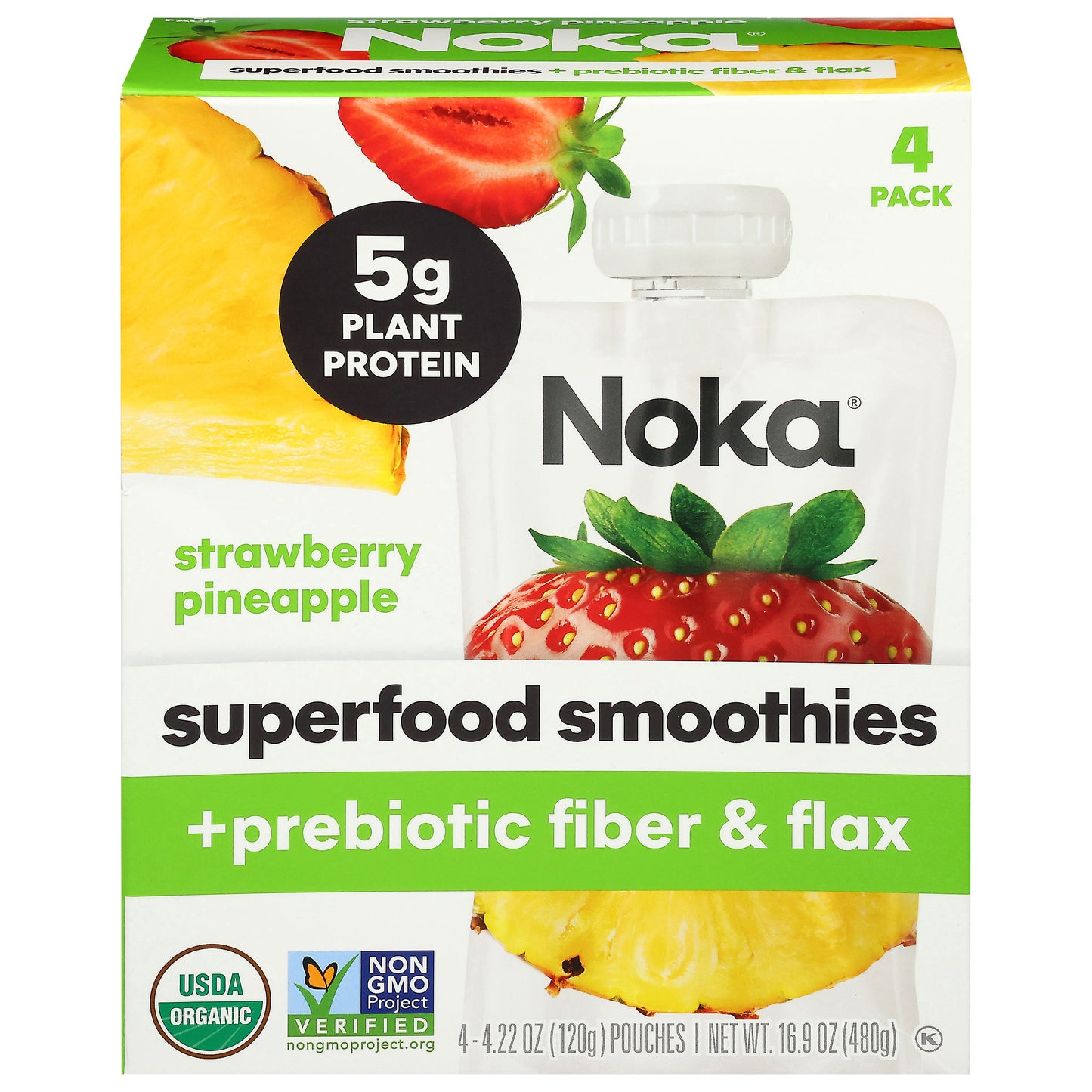 Noka + Prebiotic Fiber & Flax Strawberry Pineapple Superfood Smoothies 4 - 4.22 oz Pouches