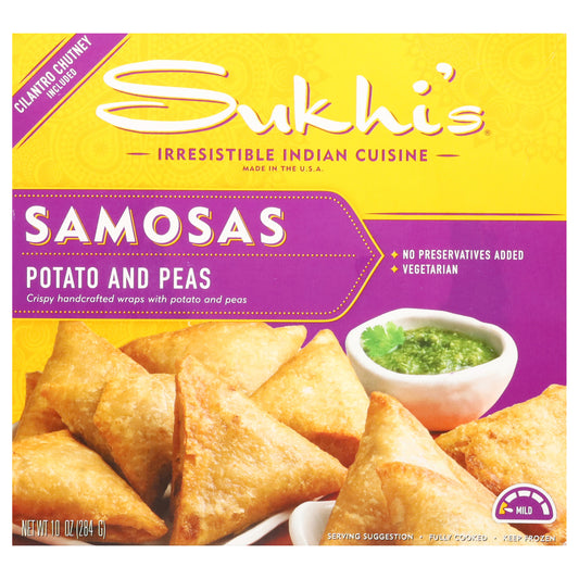 Sukhi's Potato & Pea Indian Samosa Frozen Appetizer Vegetarian Snack with Cilantro Chutney Sauce