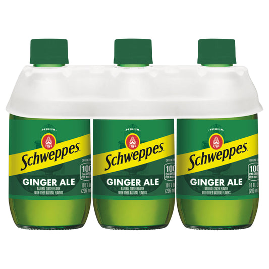 Schweppes Ginger Ale Soda, 10 fl oz glass bottles, 6 pack