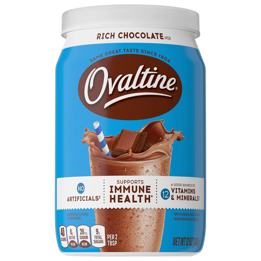 Ovaltine Rich Chocolate Drink Mix, Powdered Drink Mix for Hot and Cold Milk Canister 12 oz.
