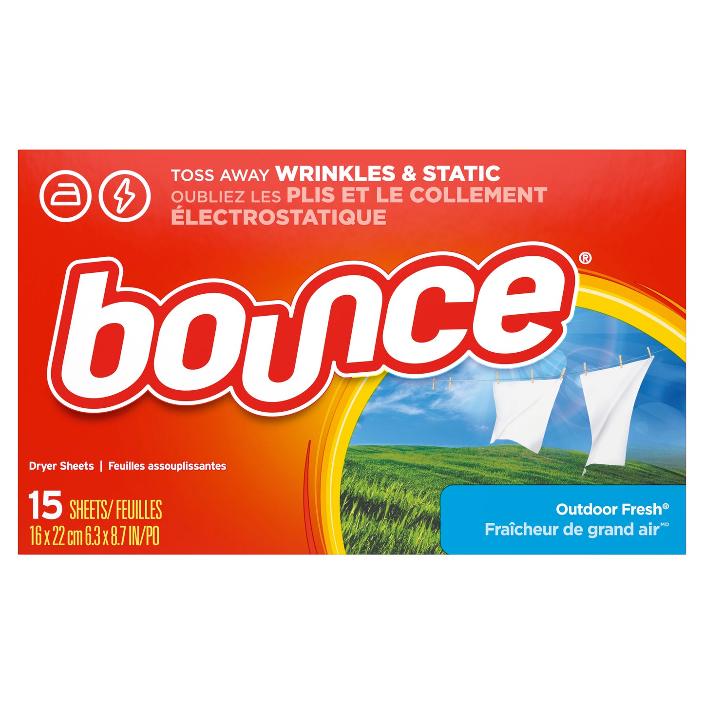 Bounce Dryer Sheets, 15 Sheets, Outdoor Fresh Scent Fabric Softener Sheets, Reduces Static, Softens and Fights Wrinkles