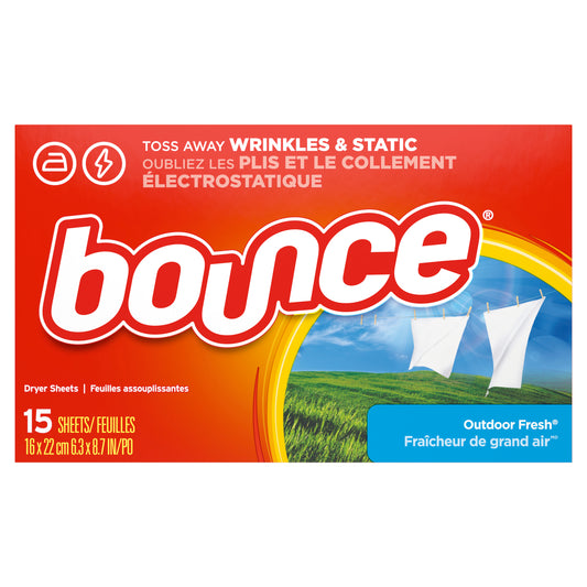 Bounce Dryer Sheets, 15 Sheets, Outdoor Fresh Scent Fabric Softener Sheets, Reduces Static, Softens and Fights Wrinkles