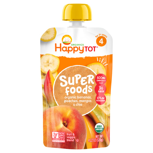 Happy Tot Organics Superfoods Stage 4 Organic Bananas, Peaches & Mangos + Super Chia Pouch 4.22 oz UNIT