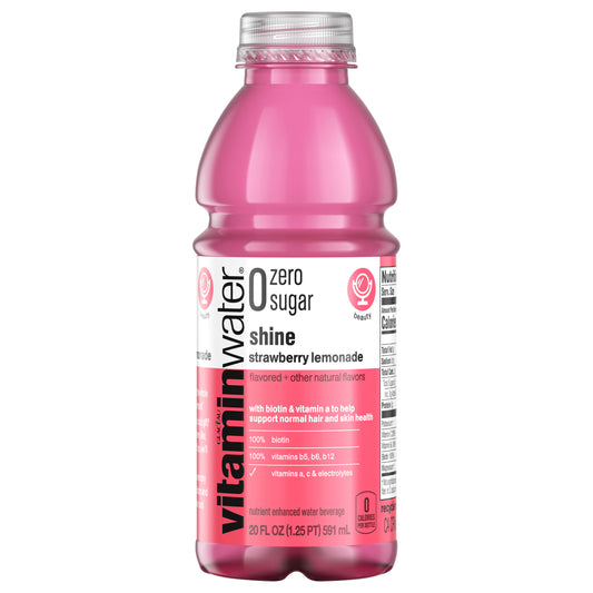 vitaminwater zero sugar shine, electrolyte enhanced water w/ vitamins, strawberry lemonade drink, 20 fl oz