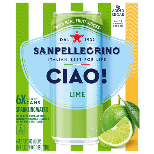 Sanpellegrino CIAO! Lime Sparkling Water, Low-Cal, 0g Added Sugar, 6-Pack