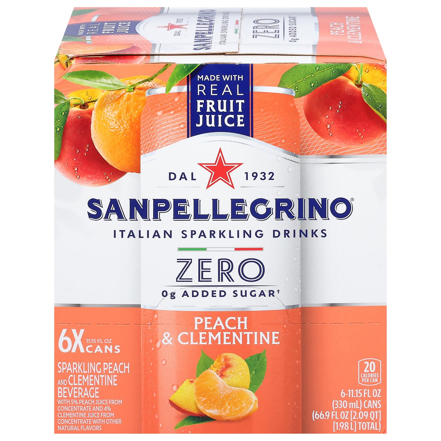 Sanpellegrino Zero Added Sugar Sparkling Peach & Clementine Beverage 6 - 11.15 fl oz Cans