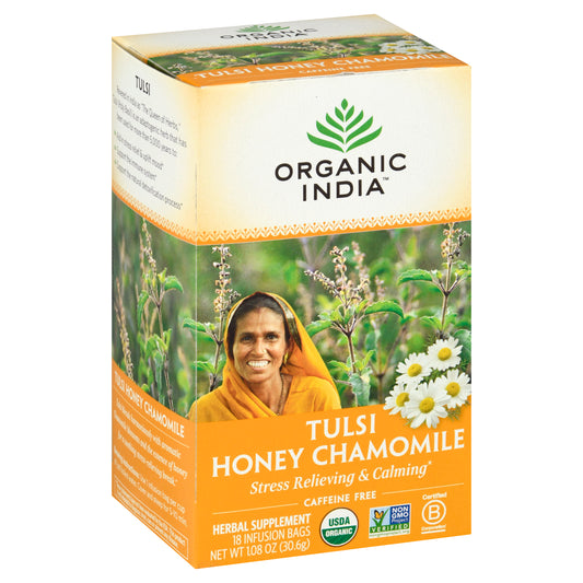 Organic India Caffeine Free Infusion Bags Tulsi Honey Chamomile Herbal Supplement 18 ea