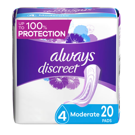 Always Discreet Incontinence Pads for Women and Postpartum Pads, Moderate, 20 CT, up to 100% Bladder Leak Protection