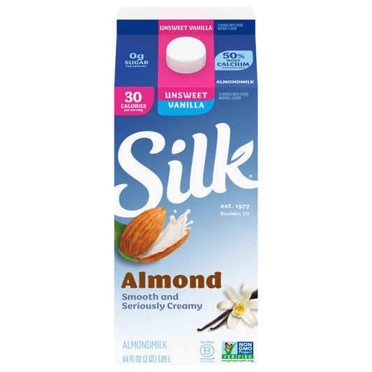 Silk Almond Milk, Unsweet Vanilla, Dairy Free, Gluten Free, 64 FL OZ Half Gallon