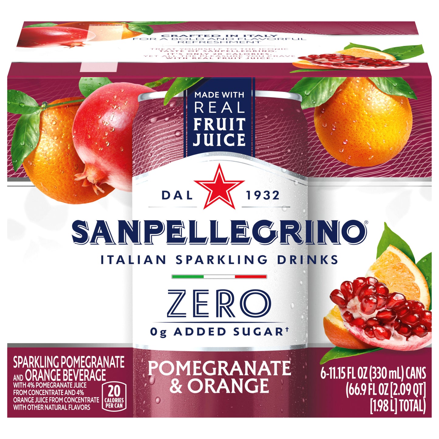 San Pellegrino Zero Grams Added Sugar Italian Sparkling Drinks Pomegranate & Orange, San Pellegrino Sparkling Pomegranate & Orange Beverage 6 Pack of 11.15 Fl Oz Cans