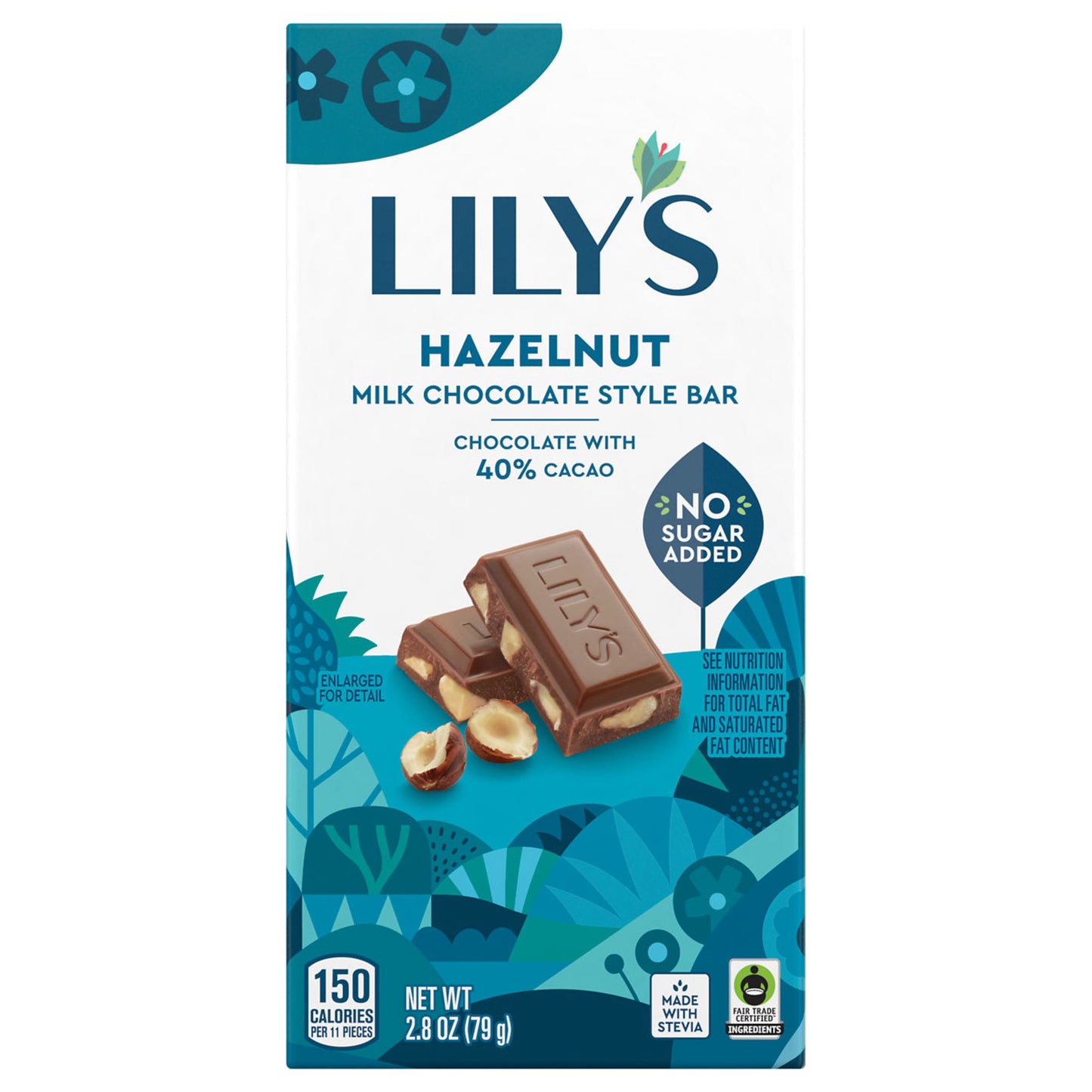 LILY'S Hazelnut Milk Chocolate Style No Sugar Added, Sweets Bar, 2.8 oz