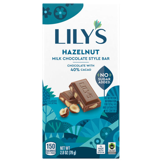 LILY'S Hazelnut Milk Chocolate Style No Sugar Added, Sweets Bar, 2.8 oz