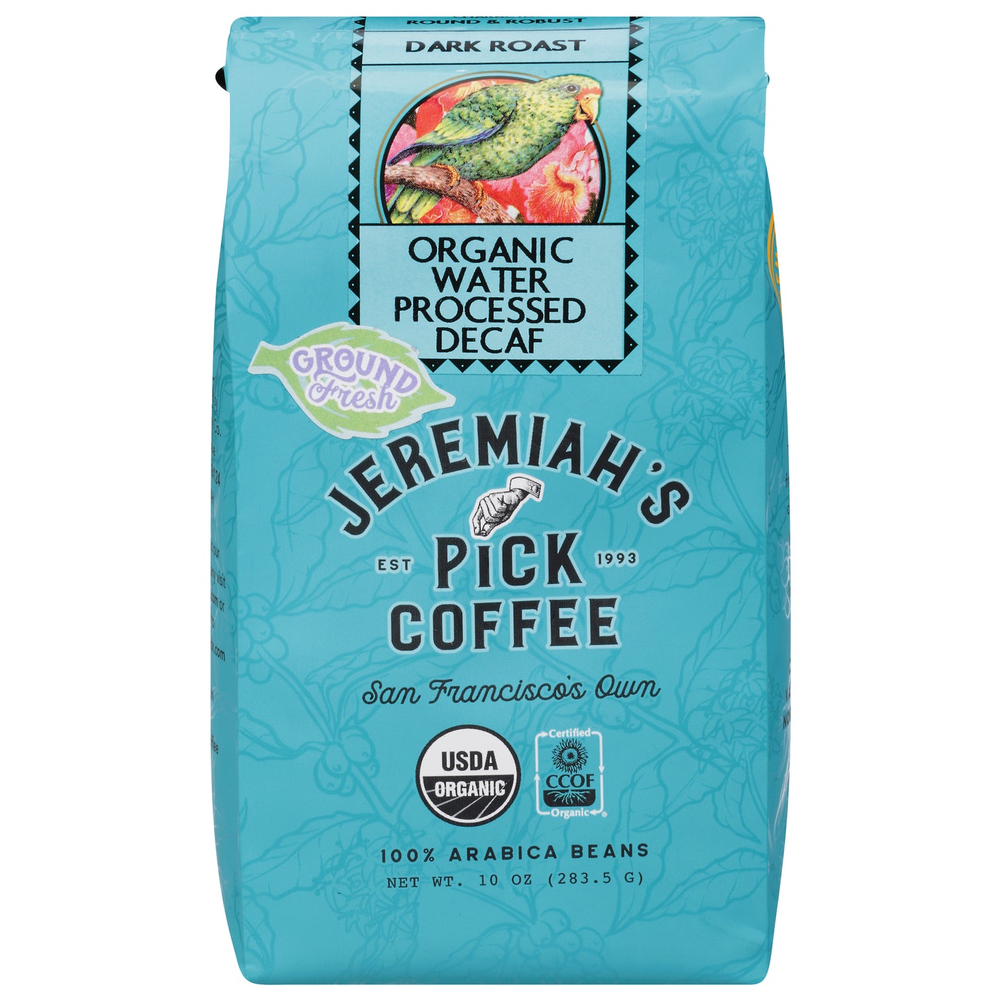 Jeremiah's Pick Coffee Organic Water Processed Decaf Dark Roast Ground Fresh %100 Arabica Coffee 10 oz