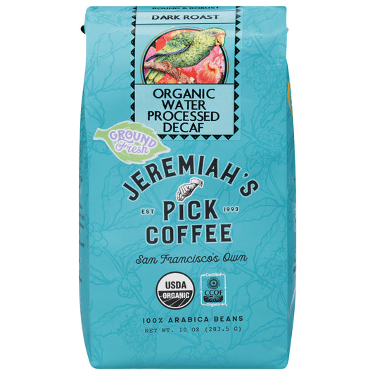 Jeremiah's Pick Coffee Organic Water Processed Decaf Dark Roast Ground Fresh %100 Arabica Coffee 10 oz