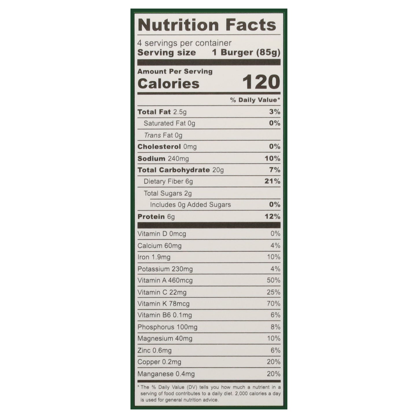 Actual Veggies Super Greens Veggie Burger with Broccoli, Kale, White Bean & Spinach 4 - 3 oz Patties
