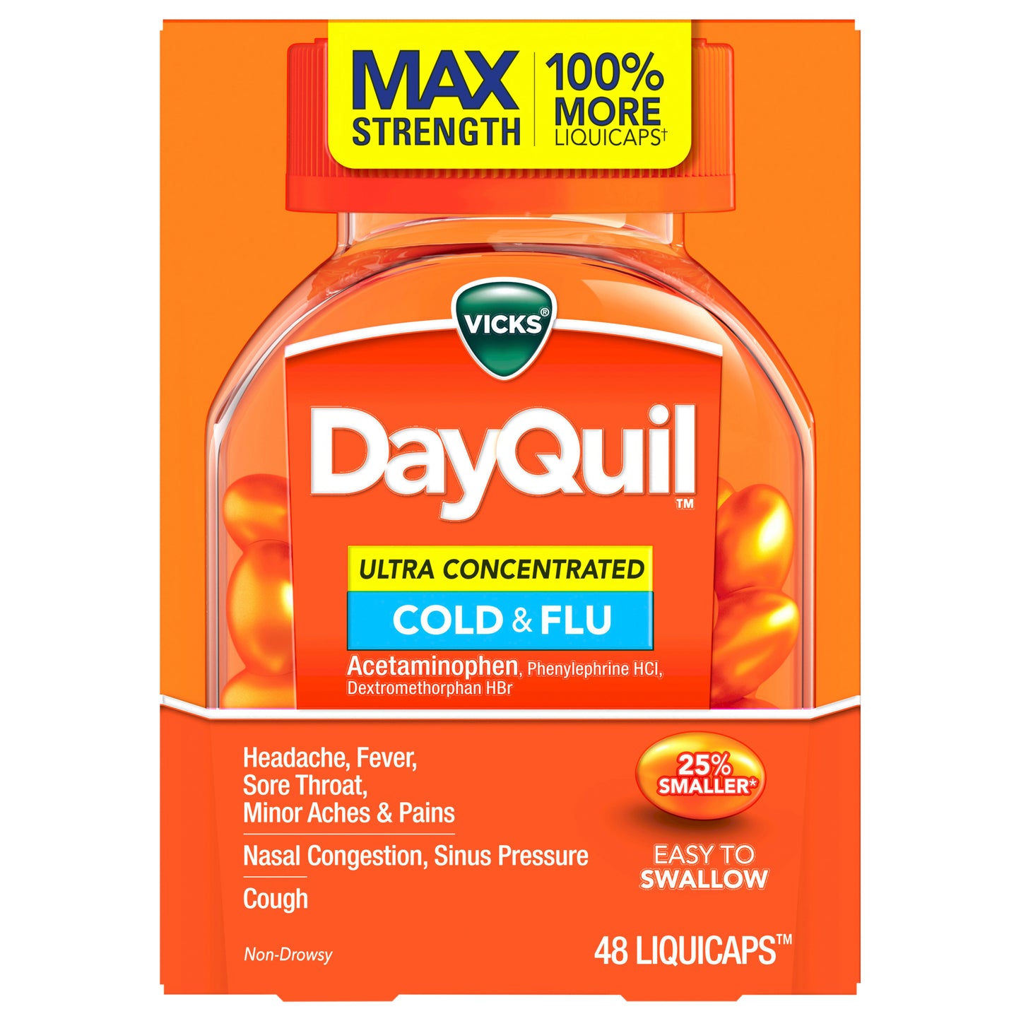 Vicks DayQuil Ultra Concentrated Liquicaps, Cold & Flu Over-the-Counter Medicine, Powerful Multi-Symptom Daytime Relief for Headache, Fever, Sore Throat, Minor Aches & Pains, Nasal Congestion, Sinus Pressure & Cough, 48ct