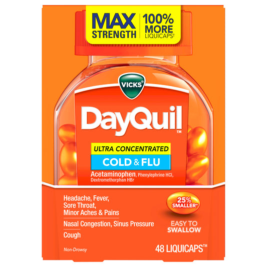 Vicks DayQuil Ultra Concentrated Liquicaps, Cold & Flu Over-the-Counter Medicine, Powerful Multi-Symptom Daytime Relief for Headache, Fever, Sore Throat, Minor Aches & Pains, Nasal Congestion, Sinus Pressure & Cough, 48ct
